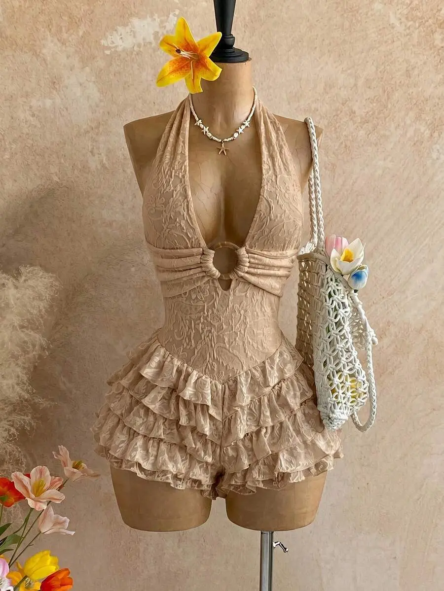 Apricot Textured Knit Backless Jumpsuit With Round Ring Decor, Elegant For Women, Suitable For Halloween, Christmas, Vacation, Sexy