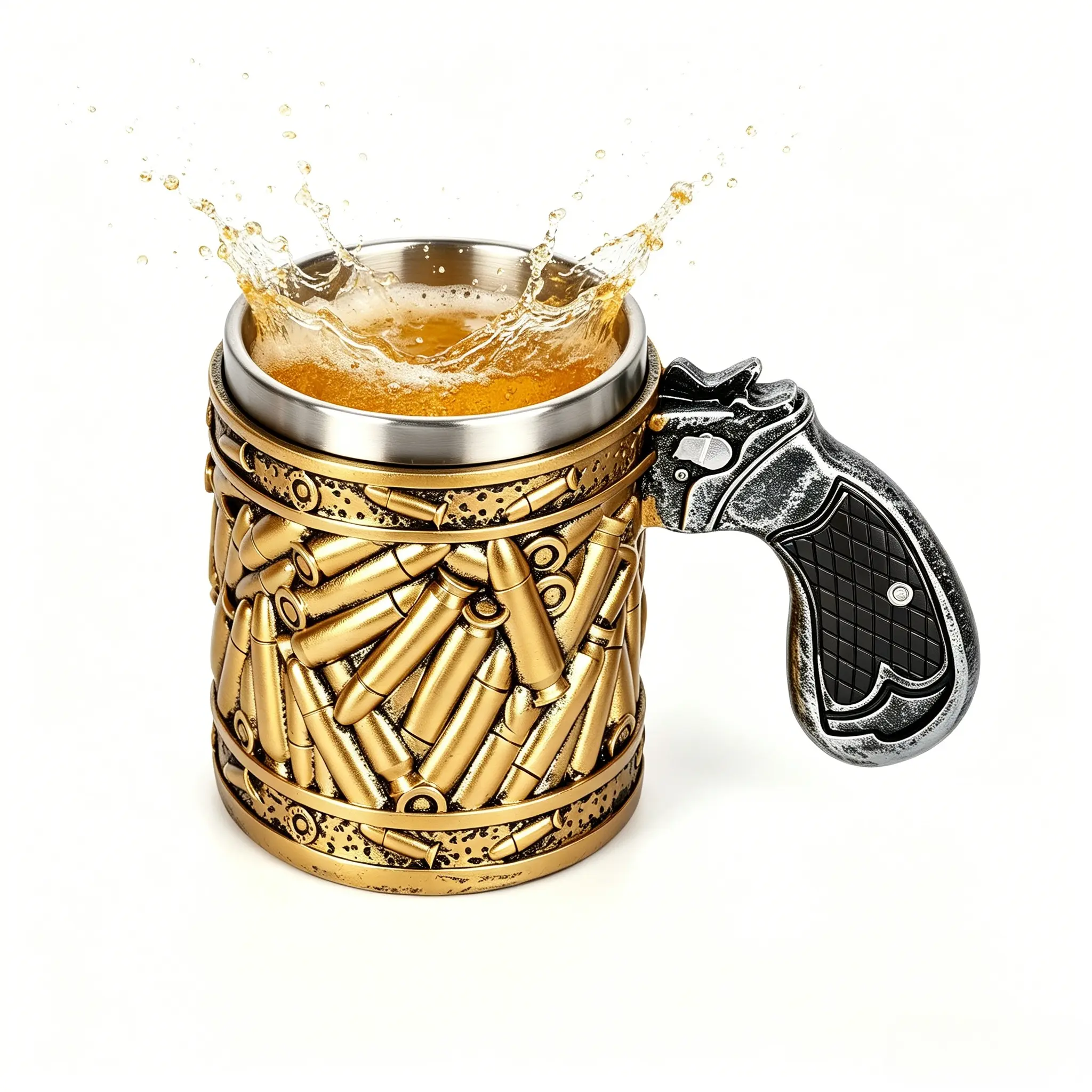 Stainless Steel Bullet Design Beer Mug Unique Gun-Shaped Handle Coffee Cup for Men - Ideal Gift for Dad, Veteran & Beer Lovers, Cool & Creative Tumbler for Multiple Drinks