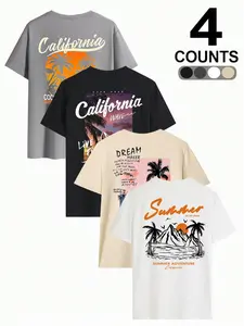 Men's Versatile Letter Coconut Tree Tropical Graphic Print T-Shirt Set, Summer Round Neck Short Sleeve, Casual Comfortable Top for Outdoor Wear