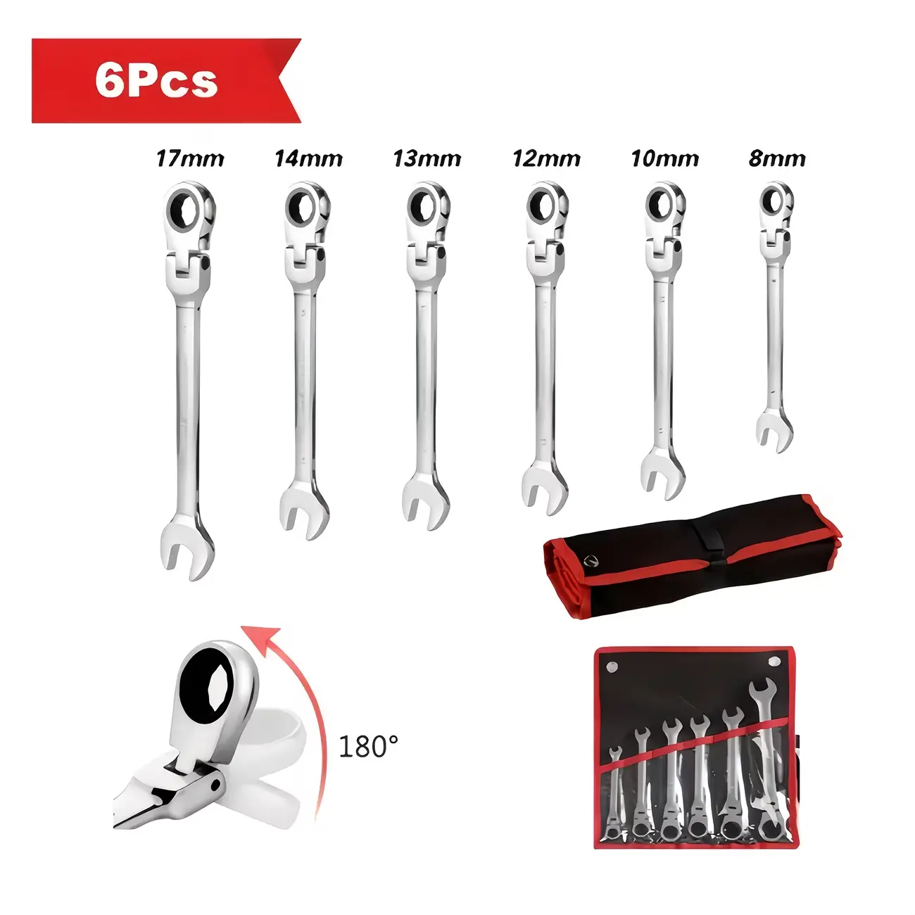 【summerfinds】Nanwei 6pcs Multifunctional Adjustable Double-Ended Quick Ratchet Wrench Set, Double-Ended Ratchet Wrench Combination, Metric, 8-17Mm, 72 Teeth Ratchet, with Storage Bag, Suitable for Home/Car/Mechanical Use