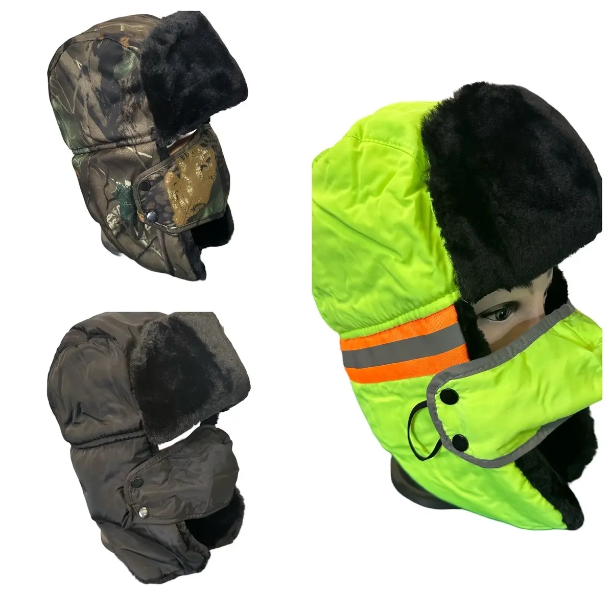 Men's Quilted Trooper Trapper Hat with Faux Fur Liner and Removable Mask, Windproof Winter Headwear for Cold Weather Hunting & Fishing, Outdoor Fishing Cap, Adults', Extra Protection From Cold And Wind, Additional Insulation, Male, Great For Winter Fishin