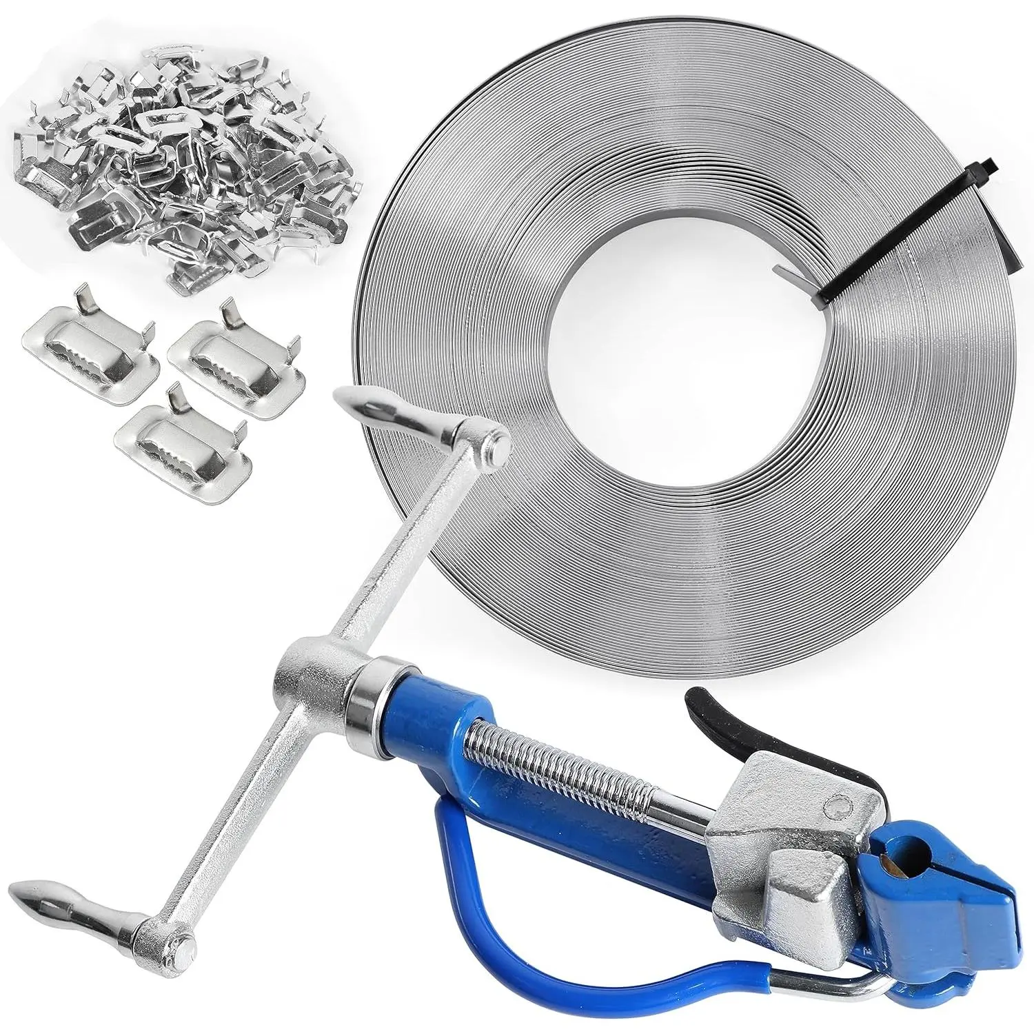 S304 Stainless Steel Banding Strapping Kit - 3/4"x100ft Coil Type, Screw Spiral Tensioner, 100pcs Ear-Lock Buckles, Silver, Free Delivery, 3/4 Inch