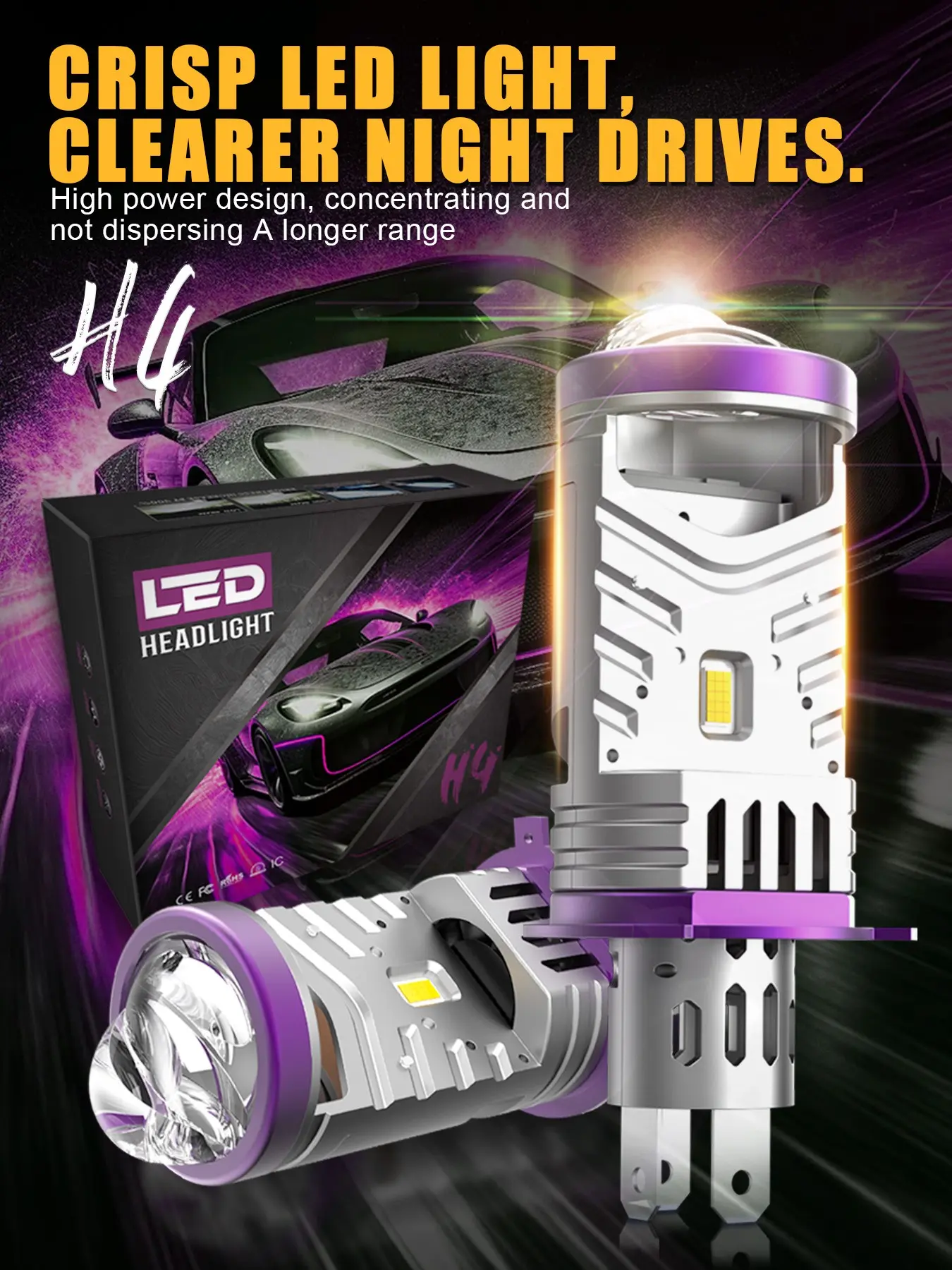 2pcs H4 LED Headlight Bulbs with Mini Projector Lens, Led Projector Headlights, 60000LM High Lumen Headlight 150W High Power, 600% Brighter Than Stock Bulb, Plug-and-Play Design, Headlight Replacement, All-Weather Ready Automotive Accessories
