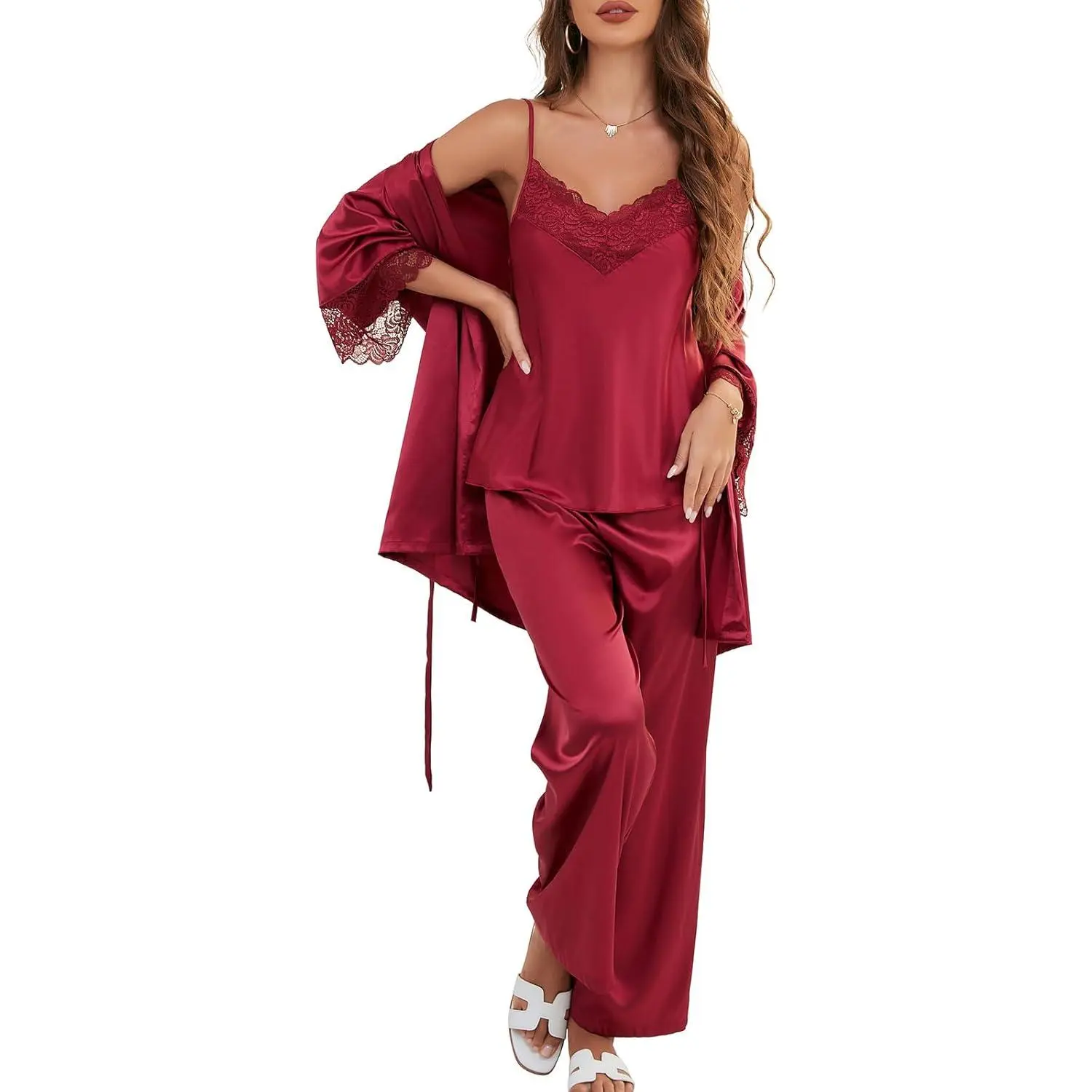 Women's Silk Satin Pajama Set 3-Piece with Robe, Sexy V-Neck Lace Cami Top and Long Pants, Luxury Soft Sleepwear, casual loungewear, elastic waist pj set, gifts for her Wine Red/Black/Pink/White/Champagne S-XL, Spaghetti, Polyester tiktokshopspringglowup,