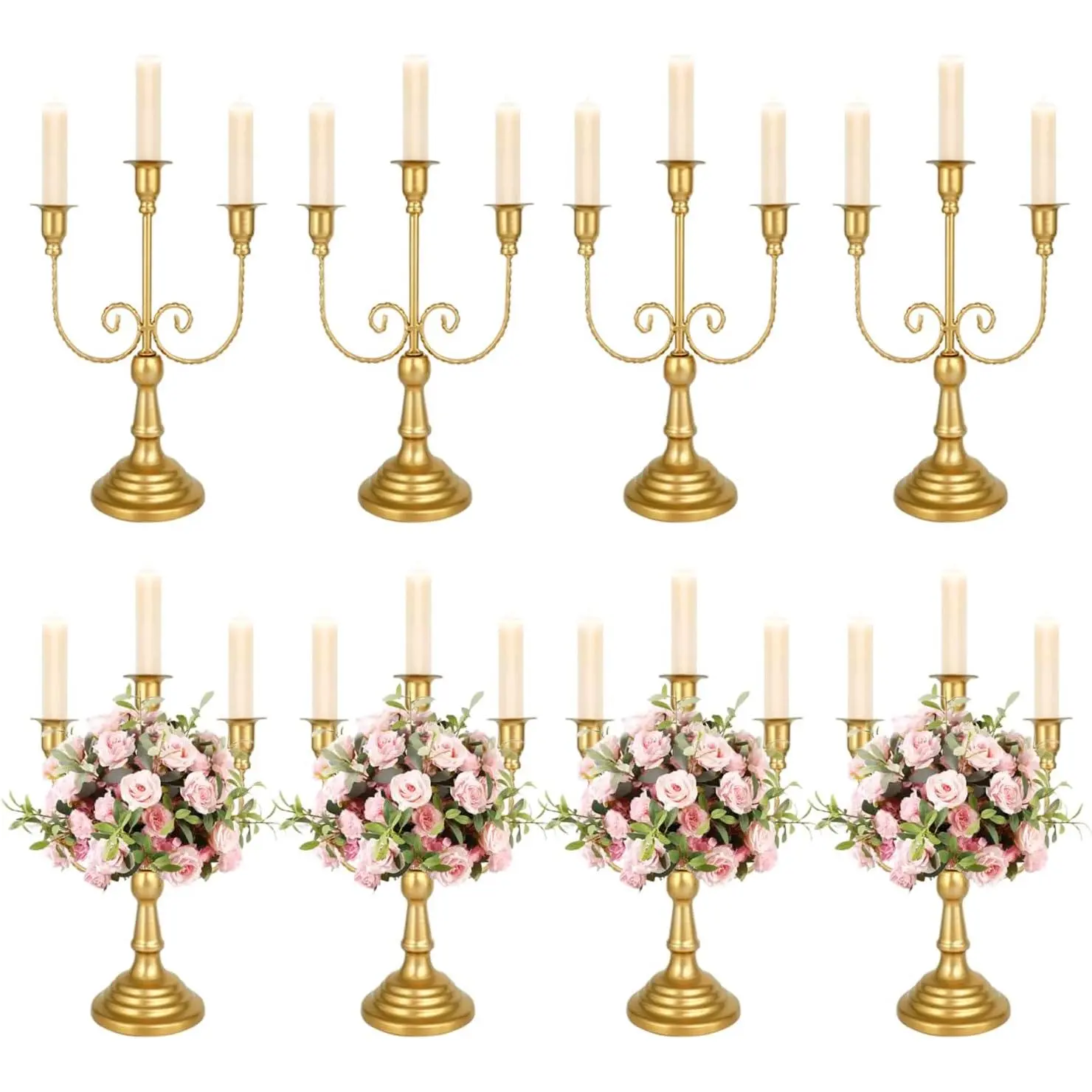 8 Pcs Gold Candelabra 12 Inch 3 Arm Metal Candle Stand Wedding Candlestick Holder for Table Centerpieces Wedding Birthday Holiday Theme Party