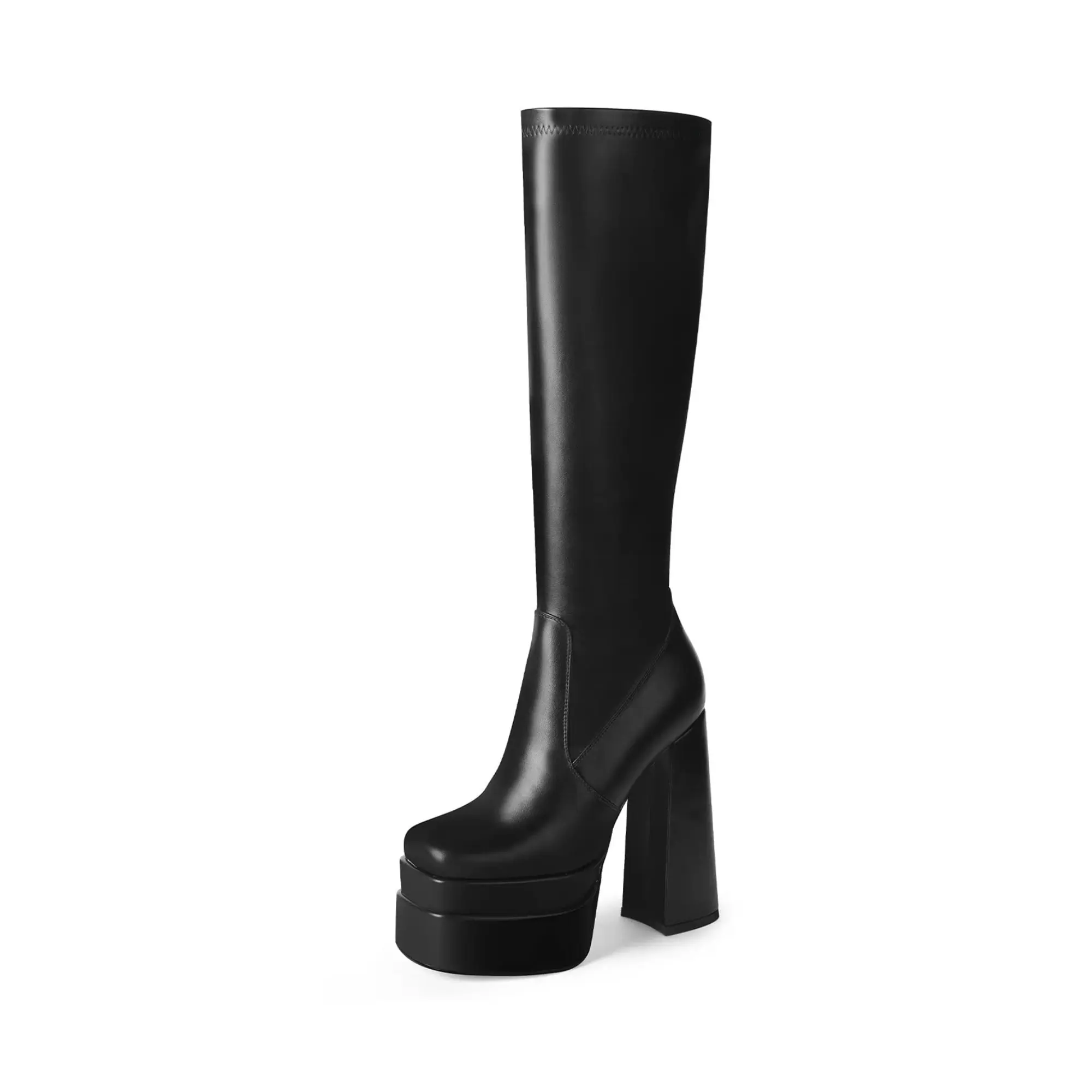Patent Platform Knee High Boots – High Chunky Heel Square Toe Side Zipper Stretch Gogo Boots for Women #WeeklyDeals#tiktokshopbacktoschool  #outdoorfun