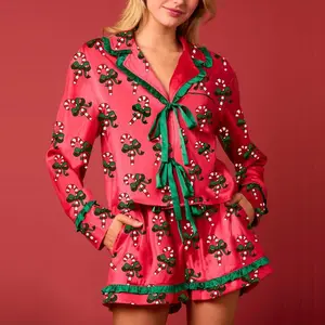Women Christmas Pajamas Set 2 Pieces Loungewear Suits Candy Cane/Cocktail Glasses Print Shirts Tops and Shorts Sleepwear Outfits