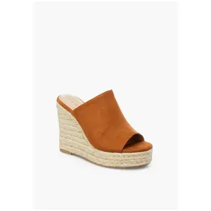 JUST FAB Women Mule Wedge Espadrille Sandal Faux-Suede Wedge Mules 4.5" Heel, Summer Ready Slides