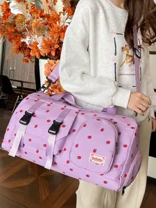2025 New Cross-border Leisure Short-distance Travel Storage Bag, Large Capacity with Multiple Pockets, Strawberry Print, Equipped with Independent Shoe Compartment for Dry-Wet Separation, Unisex Water-Resistant Fabric