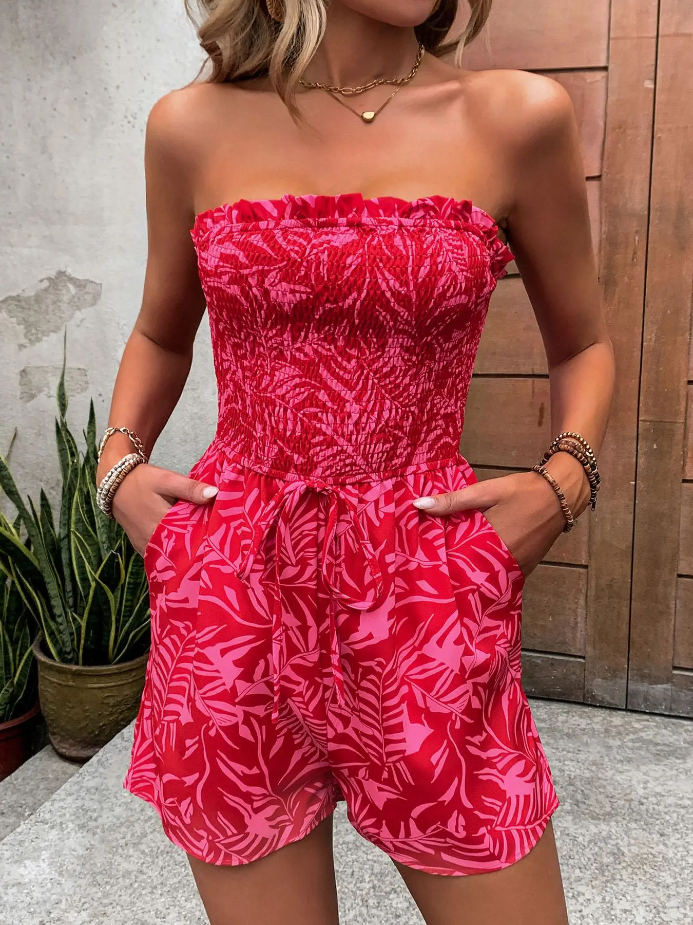 Women's Floral Print Frill Trim Shirred Tube Romper, Boho Knot Detail Pocket Sleeveless Romper For Summer, Fashion Women's Clothes For Beach Holiday V