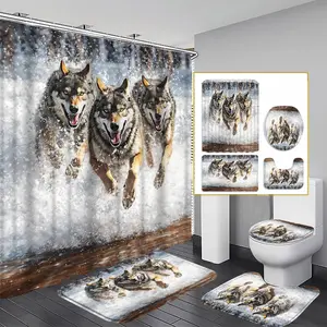 1/3/4PCS Winter Wolves Shower Curtain set, Snowy Gray Animal Bathroom Decor, Accessories with Bath Mat, U-shaped Mat, Toilet Lid Cover, 12 Hooks 180x180cm Curtain, Wild Winter Scene, Home Decor, bathroom accessories.