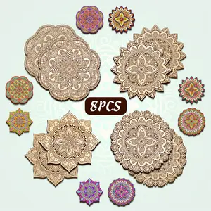 8 Pieces Large Unfinished Mandala Coloring Wooden Crafts Set, Creative Craft Painting Kit, High Quality Material, Clear Lines, Easy to Color, Craft Wooden Boards, Multifunctional for Manufacturing Wooden Ornaments
