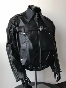 Men's Fashion Tactical Style Metal Buckle Leather Jacket with Multiple Zipper Strap Design Stand Collar Coat Dark-Themed Short-Sleeved Top for Trendsetters