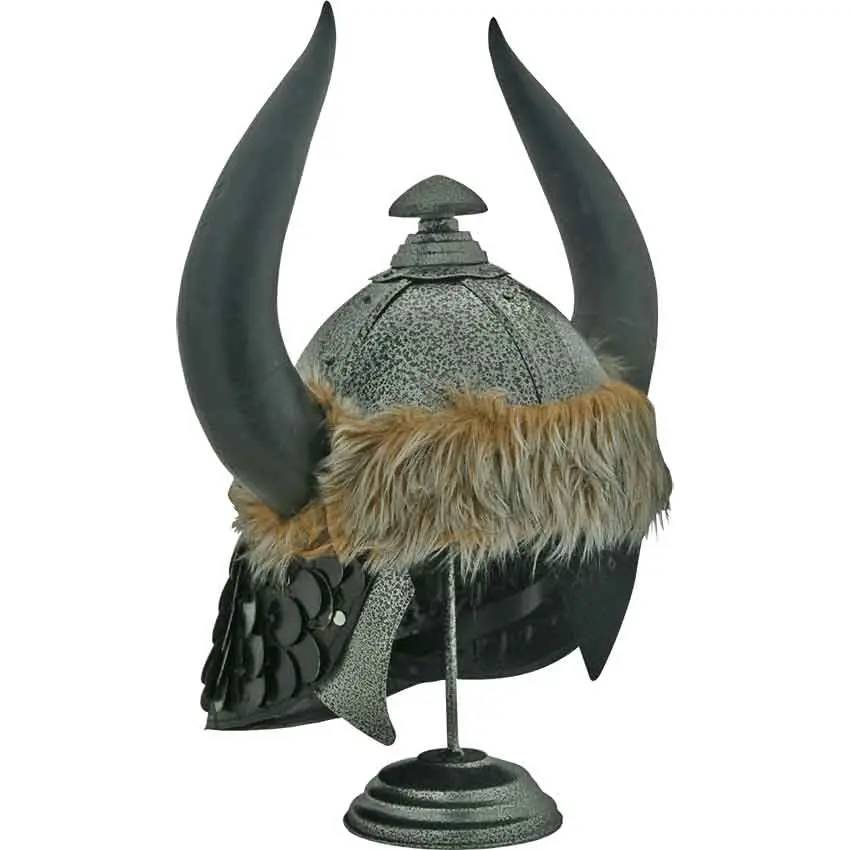 Men's Medieval Warrior Barbarian Speckled Horned Helmet - 18 Gauge Carbon Steel Wearable Costume with Leather & Faux Fur, Matching Display Stand, Renaissance Reenactment Cosplay Gear, Menswear Costumes