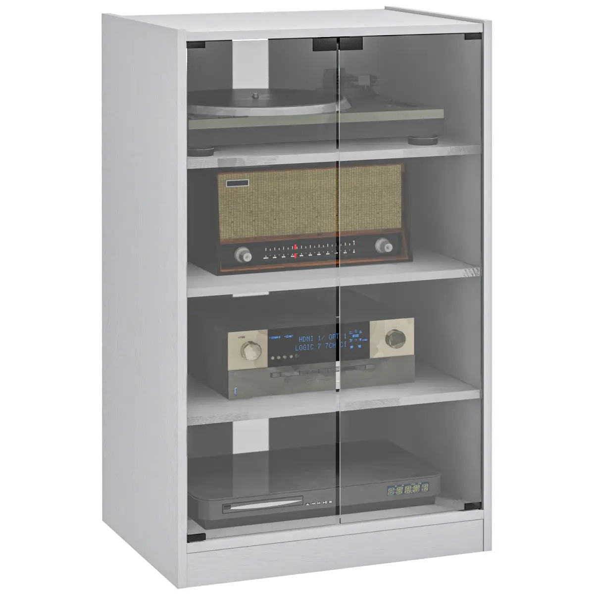 Media Cabinet, 4-Tier Stereo Cabinet, Modern Audio Video Media Stand with Adjustable Shelves, Tempered Glass Doors, and Cable Management, Distressed White