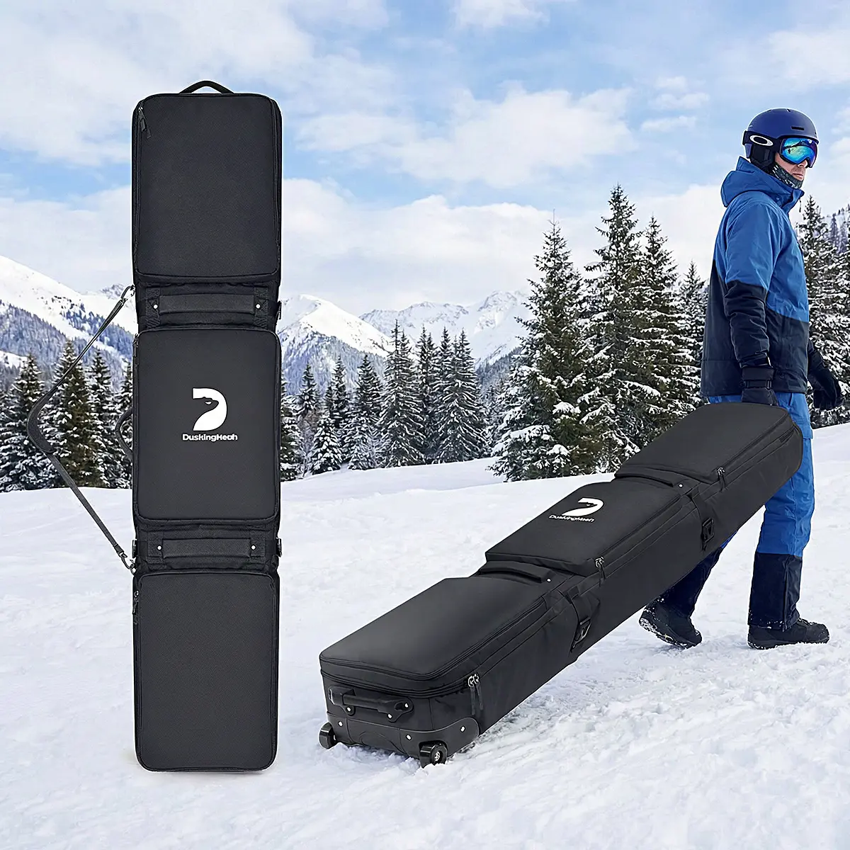 Padded Roller Ski and Snowboard Bag with Transport Wheels, Waterproof with Protective EVA Shell, Extendable to 177cm for Air Travel, Snug Straps, Secure Straps, Ski Bag, Adjustable Shoulder Straps