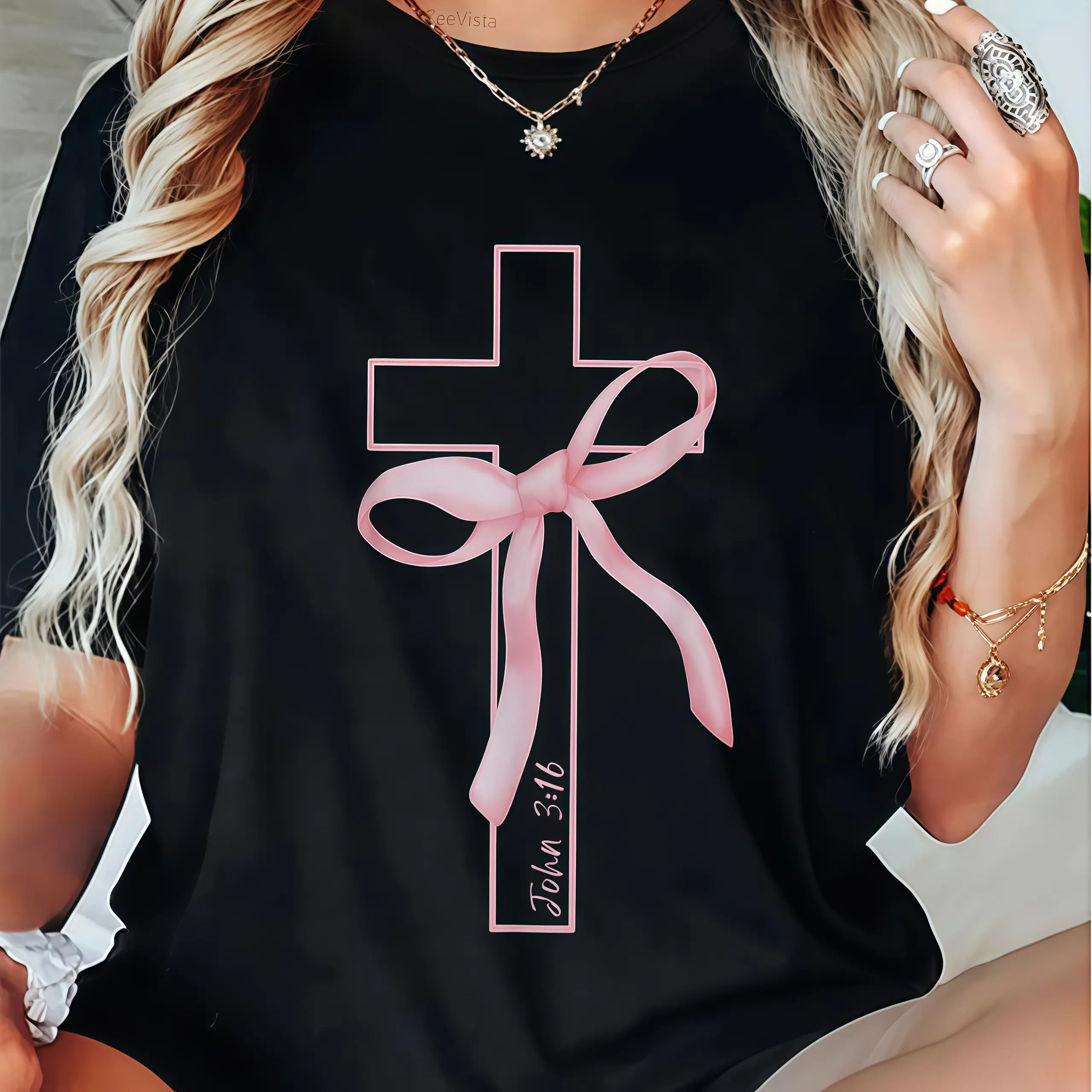 Coquette Christian Pink Bow Cross John Bible Verse T-Shirt,Unisex Crewneck T-shirt for Men And Women