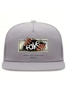 1pc "FAKE" Graphic Baseball Cap - Trendy Hip-Hop Style, Flat Brim Sun Hat for Men & Women, Black with Bold Money Print, Polyester