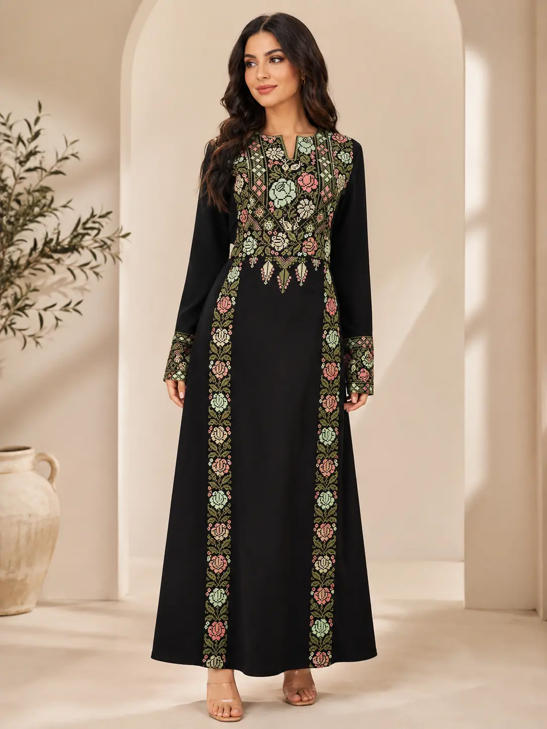 Women's Modest Green Tatreez Thobe - Crepe, Detailed Flower Embroidery, Floral Embellished Abaya for Wedding & All Seasons, Dry Clean, Elegant