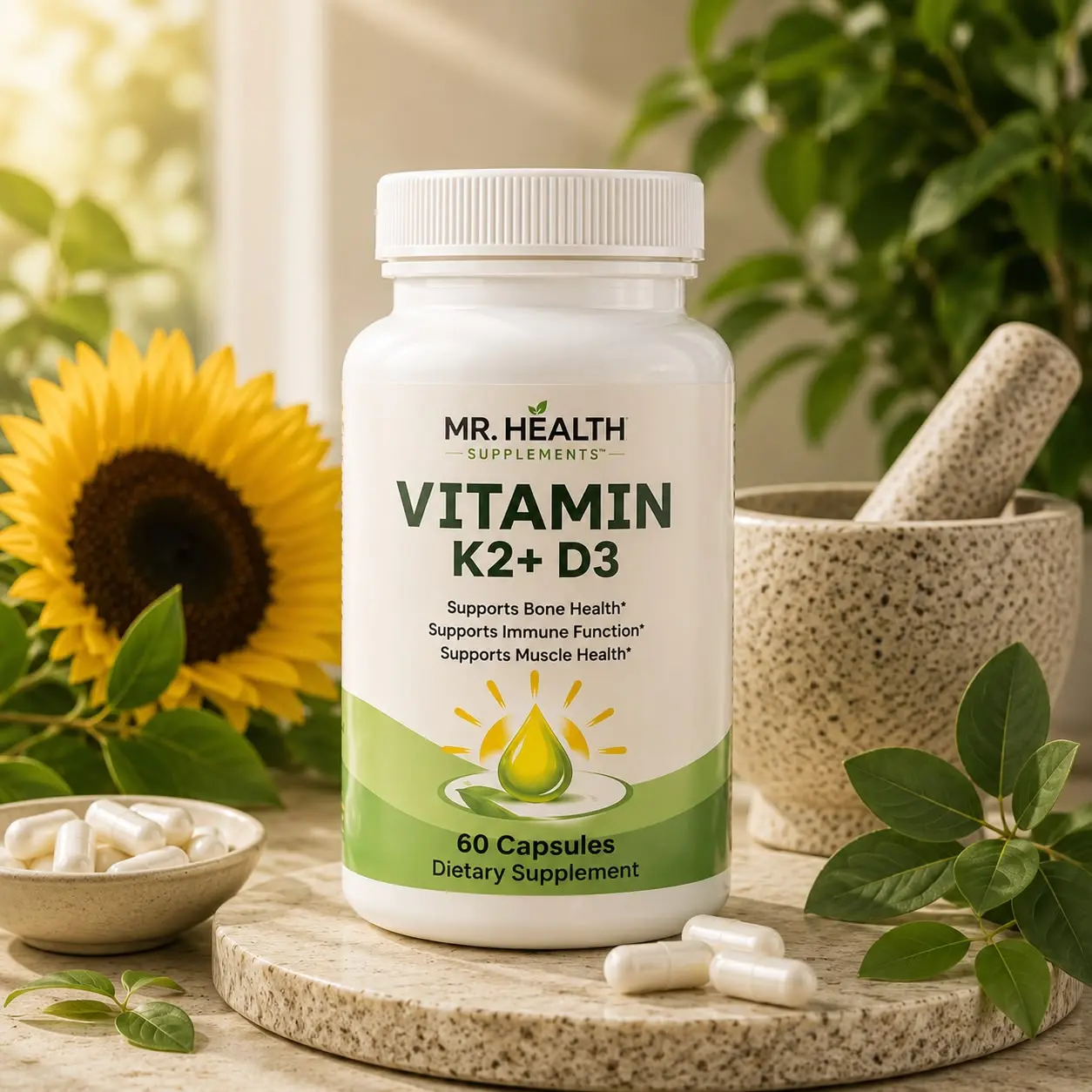 Dietary Vitamin K2 + D3 Supplement with MK-7 & BioPerine, 60 Veggie Capsules for Bone, Muscle & Immune Support