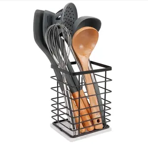 Square Kitchen Utensil Holder, Sturdy Metal Rack for Countertop Storage, Cooking Tools Organizer with Drainage Hole, Stylish Utensil Caddy for Effortless Kitchen Organization, with Marble Base Decor Pack Rectangle