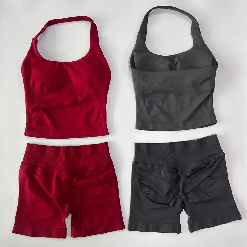 2pcs Gym Set Women Halter Tops High Waist Scrunch Seamless Shorts Fitness Clothes Activewear Workout Set Outfits Gym Suit 2pcs Gym Set Women Halter Tops High Waist Scrunch Seamless Shorts Fitness Clothes Activewear Workout Set Outfits Gym Suit