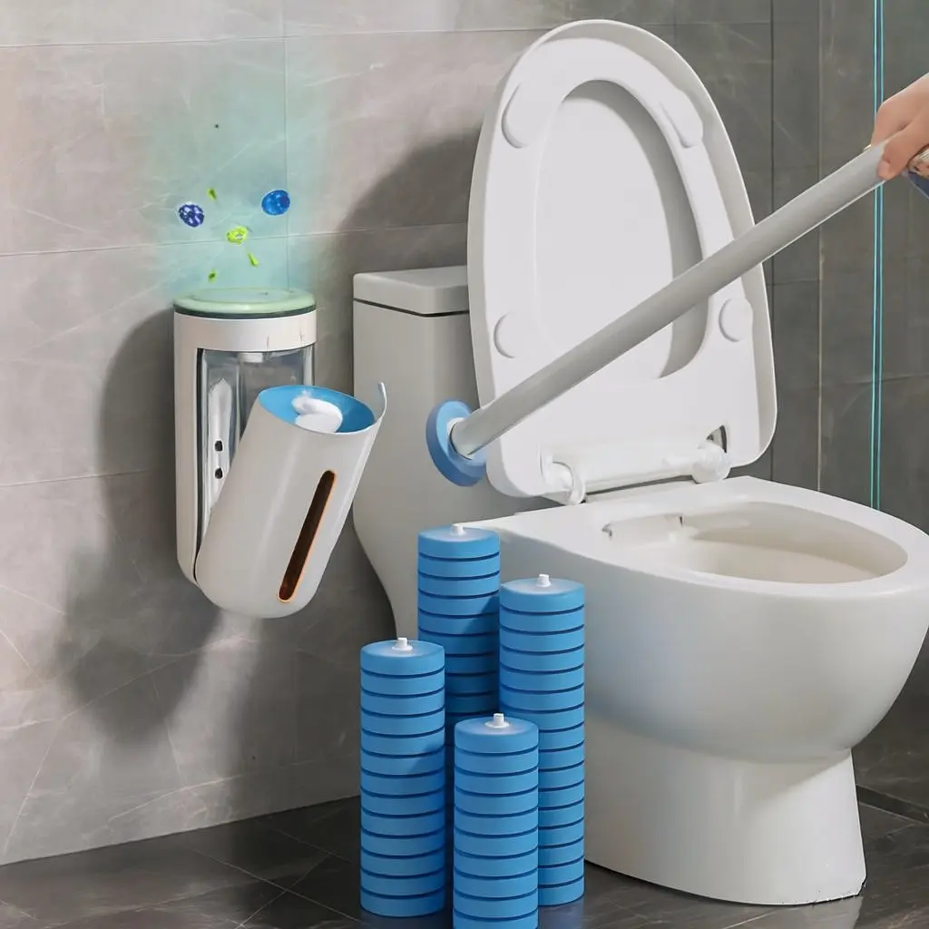 Wall-Mounted Toilet Wand, Disposable Bathroom Cleaning Tool with 8PCS Replaceable No-Rinse Brush Heads, Long Handle Toilet Accessory