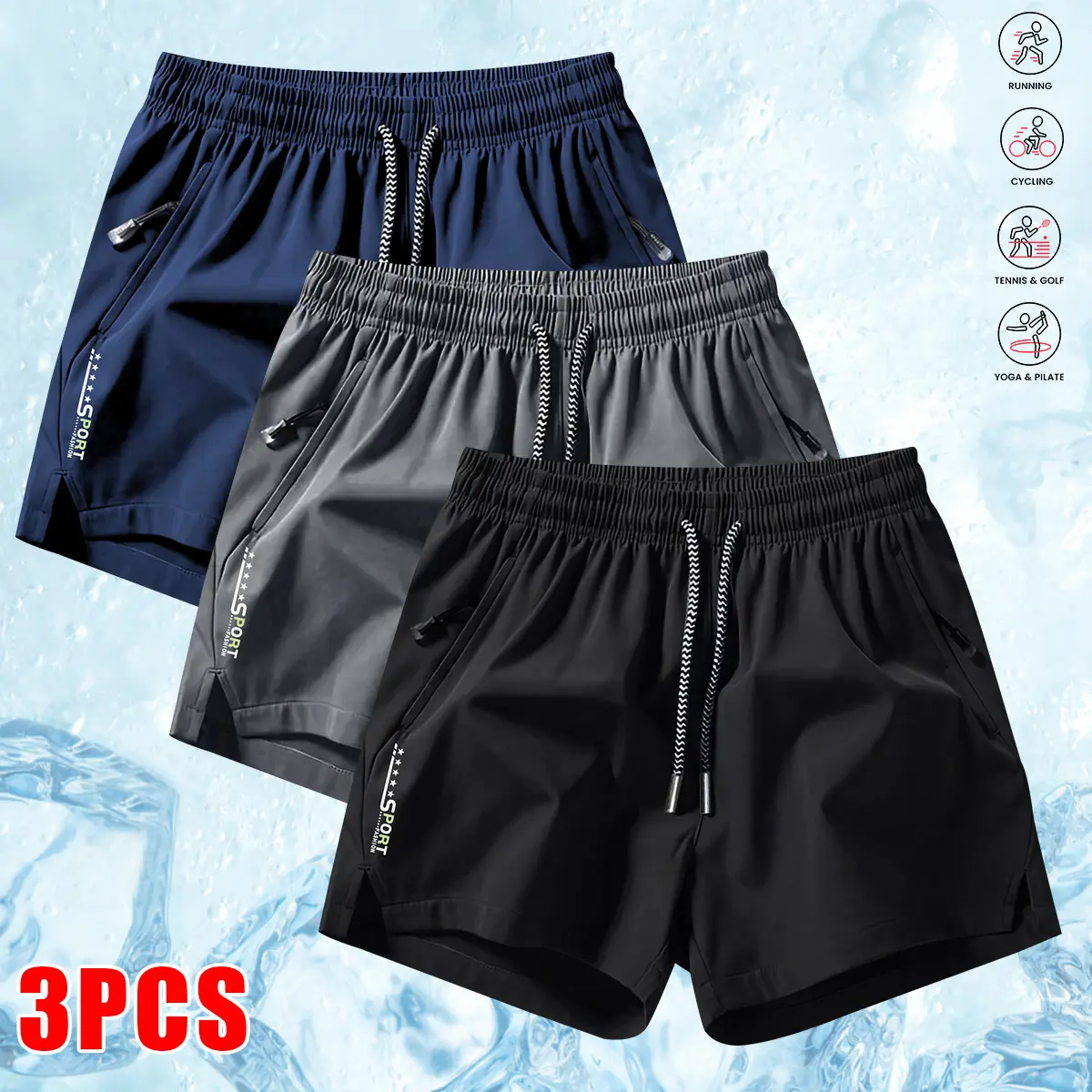 Men's 3-Pack Athletic Casual Split Shorts, Breathable Quick-Dry Gym Running Sport Shorts, Mens Clothing with Letter Print, Zippered Pockets, Drawstring Waist, Lightweight for Workouts, Outdoor Wear, Breathable Sport Shorts