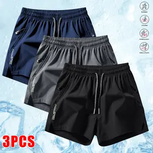 Men’s 3-pack athletic casual split shorts—top choice for fitness; solid color with letter print, breathable quick-dry fabric, zippered pockets, and a drawstring waist. Suitable for workouts and outdoor wear; casual travel shorts.