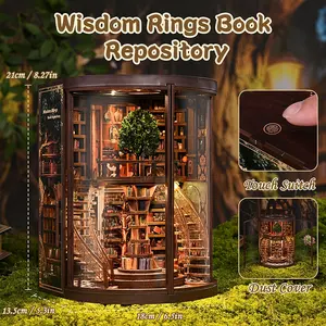 3D DIY House Wooden Model Kit, Wisdom Wheel Book Stand, Miniature Scene Building Set, Home Decor Collectible, Suitable for Ages 14+