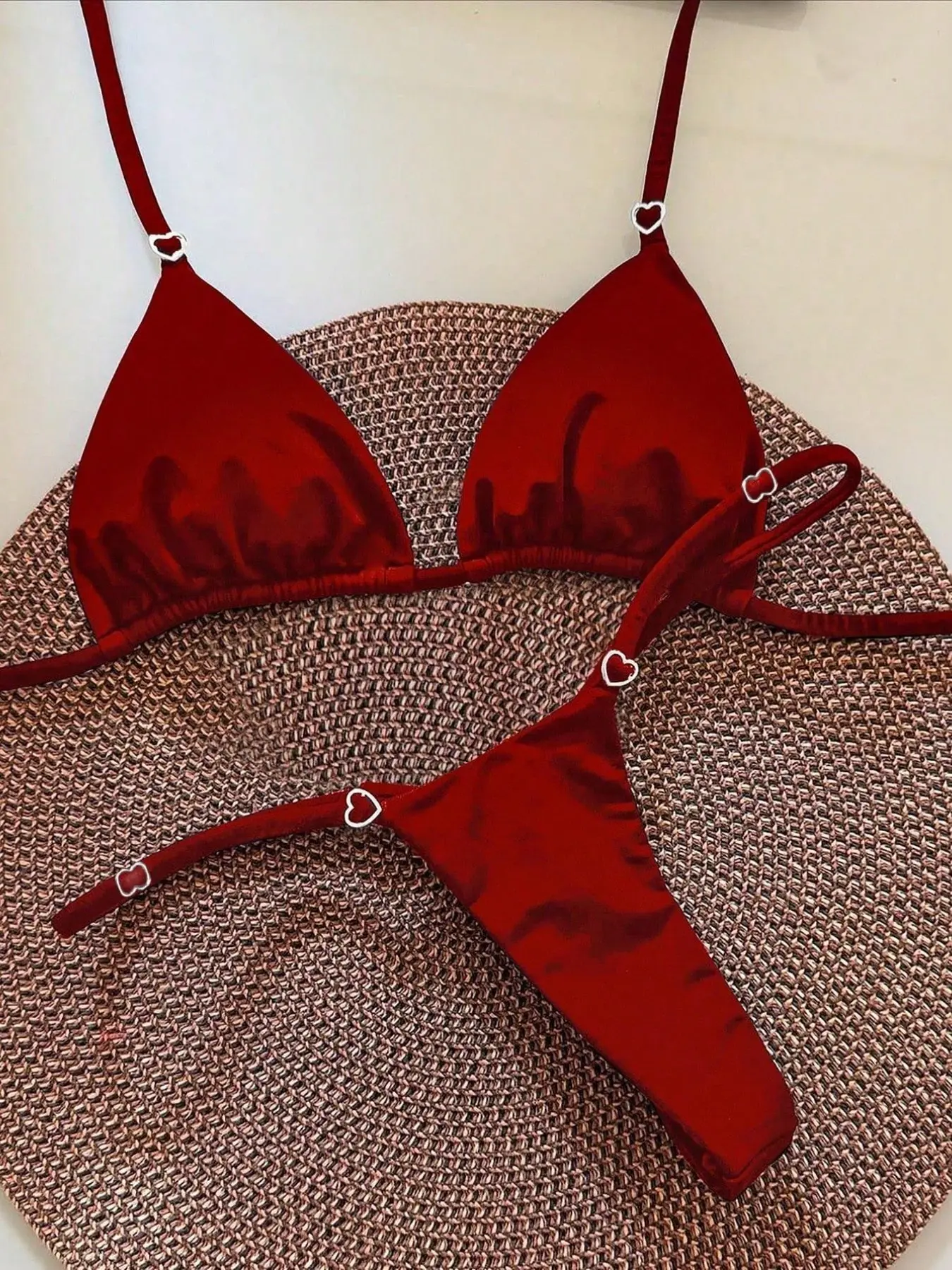 Women's Solid Color Triangle Bikini Set, Heart Metal Decoration, Sweet Beach Swimwear, Pool Party Favorite, Stylish and Comfortable, Swim Sets, Bikini Beachwear, Bikini Swimsuit