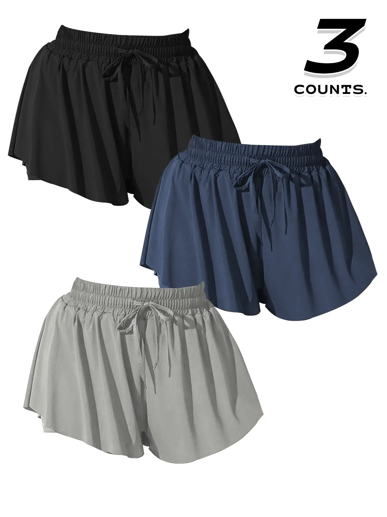 3 Pack Women's Running Shorts, 2-In-1 Butterfly Skirt with Pockets, Elastic Waistband, Sports Fitness Training Casual Wear, Sports Skorts, Butterfly Workout Skorts
