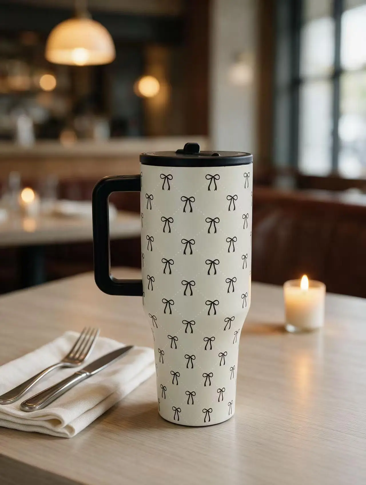 HydroJug 40 oz Neutral Beige Mini Black Bow Tie Print Insulated Stainless Steel Tumbler, Black Handle, Non-Leak Flasks, 24-Hour Insulation, Stylish Portable Summer Travel Drinkware