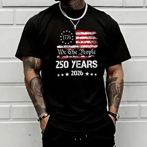 Vintage distressed flag design men’s short-sleeve T-shirt with numeric English print, 100% cotton loose crew neck fit, distressed star stripe pattern, American commemorative style—versatile casual top for everyday outdoor wear.