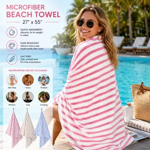 Microfiber Beach Towels Set of 6, 27" x 55", Large Bath Towel Cabana Stripe- Absorbent Quick Dry, No Fading, No Linting for Hair Wrap, Sauna, Pool, Sport, Yoga, Camping, Swimming, Pink outdoorfun