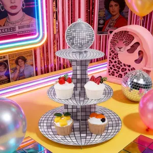 1Pcs Disco Theme Paper Material Cake Stand, Silver Color Shiny Glitter Disco Style, Multi-Layer Cake Holder, Party Decor, DIY Cake Display, Food Tray