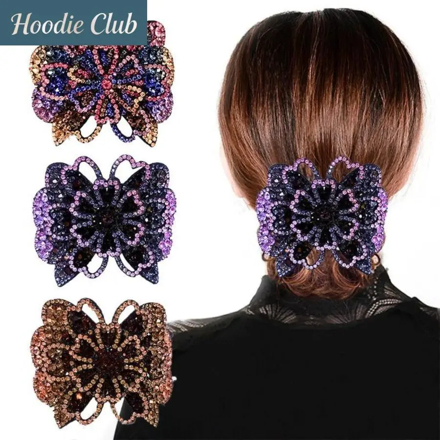 Women’s 3-Pcs Vintage Crystal Rhinestone Floral & Butterfly Metal Hair Clips - Non-Slip Secure Hold Barrettes, Elegant Sports & Outdoor Accessories for Daily Wear, Birthday, Valentine, Female, Mother’s Day, Christmas, Crystal Flowers