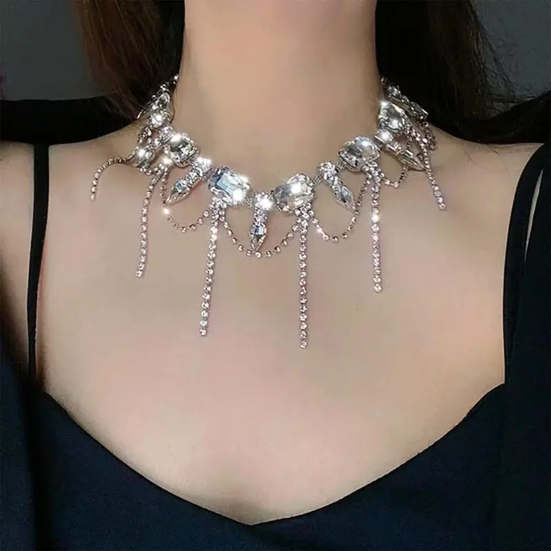Rhinestone Choker Necklace Jewelry Silver Sparkly Tassel Prom Necklaces Chain for Women Rhinestone Choker Necklace Jewelry Silver Sparkly Tassel Prom Necklaces Chain for Women