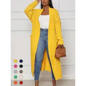 Women's Solid Color Textured Drop Shoulder Pocket Longline Cardigan, Casual Open Front Knitwear for Fall & Winter, Women's Knit Clothing for Daily Wear, Sweaters for Women, Trending Clothing Women, Going Out Tops, Womenswear, Yellow