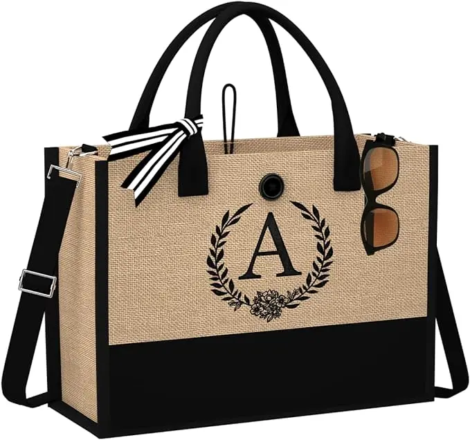 Initial Jute Beach Tote Bag with Strap and Pocket, Personalized Birthday Gift for Mom, Teacher, Friends, Bridesmaids