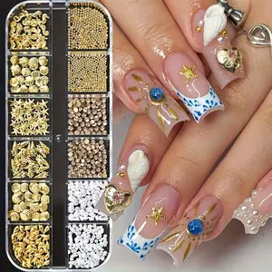 Ocean Style Nail Art Set, Oceanic Theme, Includes 12 Designs with Pearl Accents, Metal Studs, Starfish Shell Seahorse Mix, Stainless Steel & Pearls