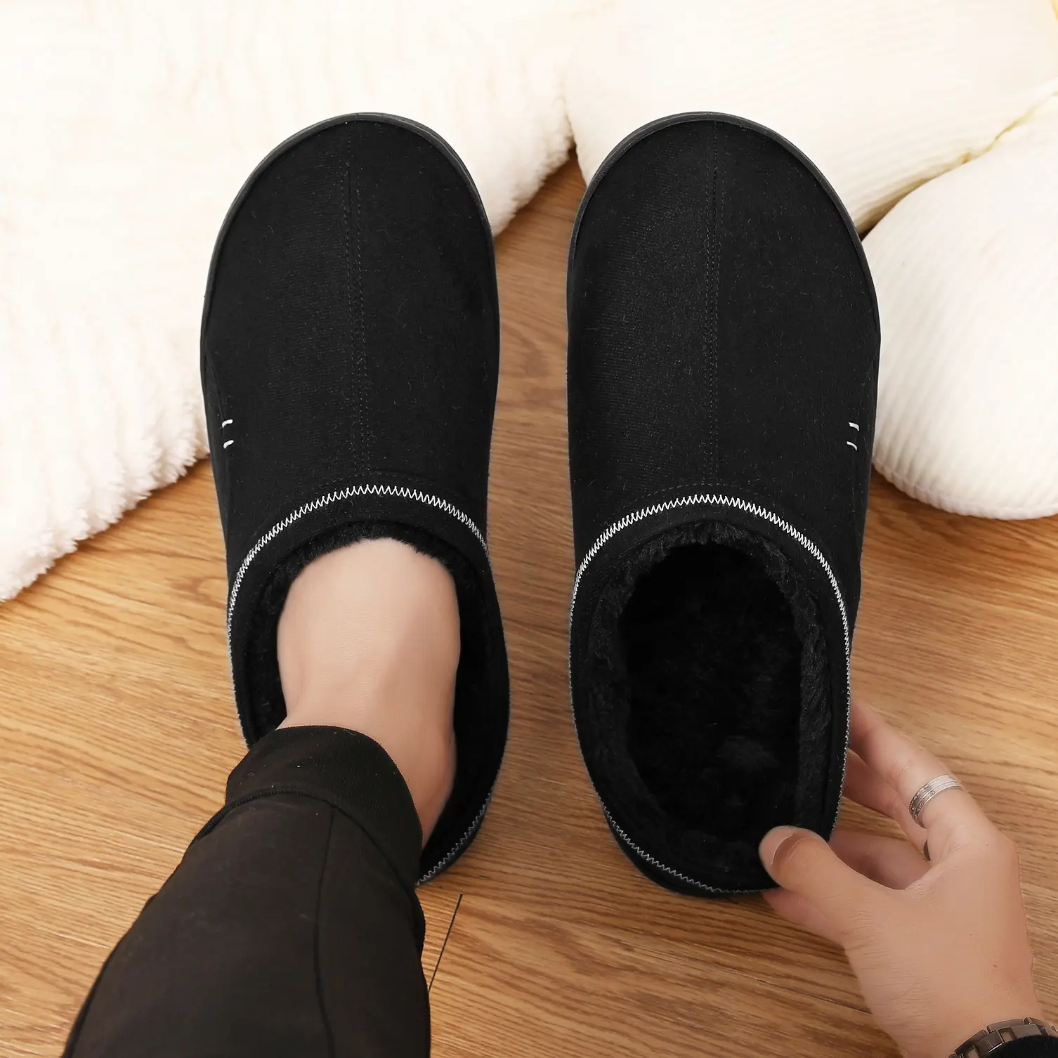 Men's Velvet Slippers with Skin-Friendly Short Plush Lining, Wear-Resistant Winter House Shoes with Thermal Quiet Non-Slip Sole, Indoor, Rubber, Chic, Minimalist, Slip On, Business