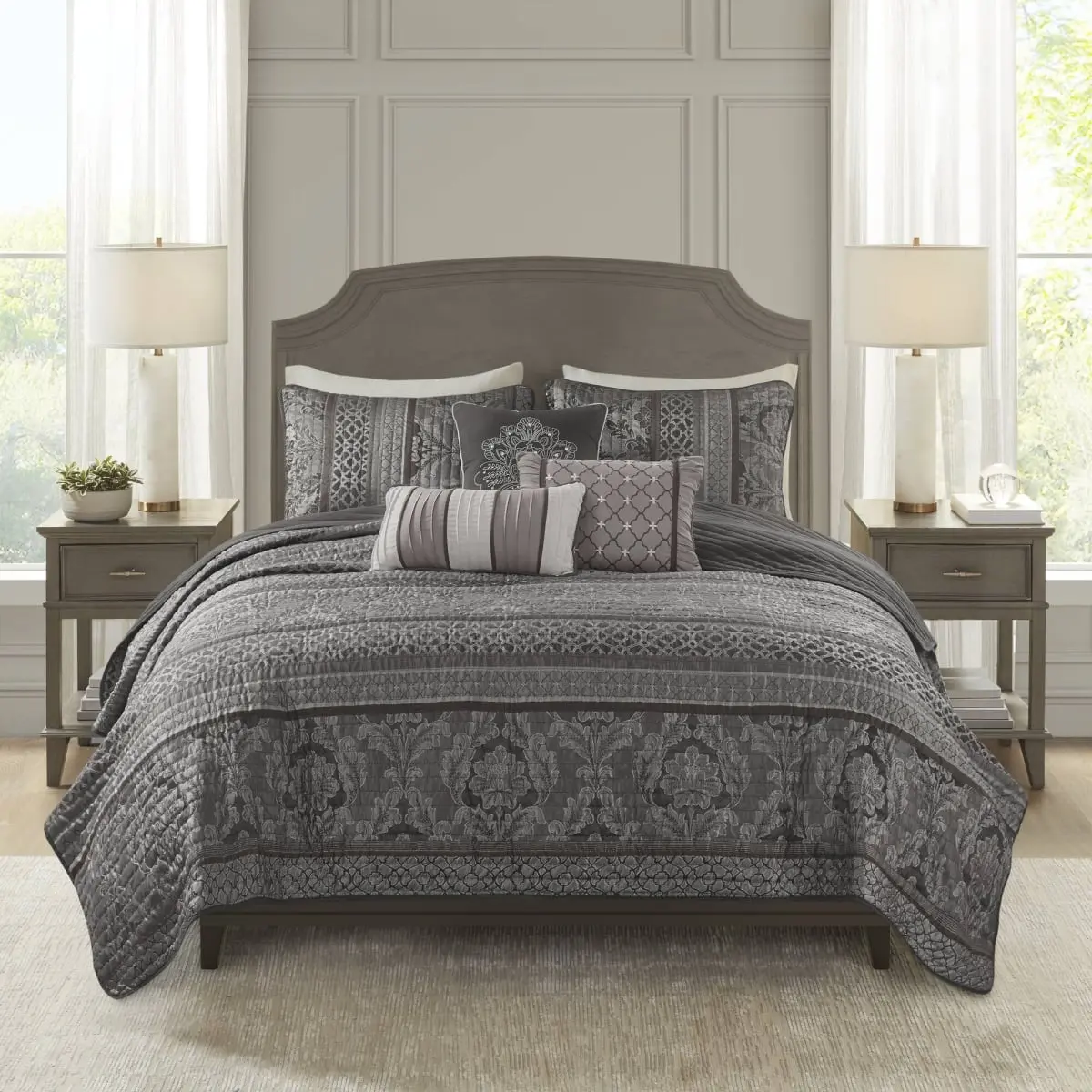 Madison Park MP13-8781 Jacquard Quilt Set with Throw Pillows, Gray - King & California King Size - 6 Piece, King Comforter Sets, Lavish, King Size Bed, Jacquard Weave