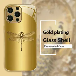 3D Gold Dragonfly Handheld Mobile Phone Case - Electroplated Glass Casing, Exquisite Texture, High-End Light Luxury Protection, Tempered Glass Screen Protector for iPhone 11,12,13,14,15,16,17 Plus Pro Max