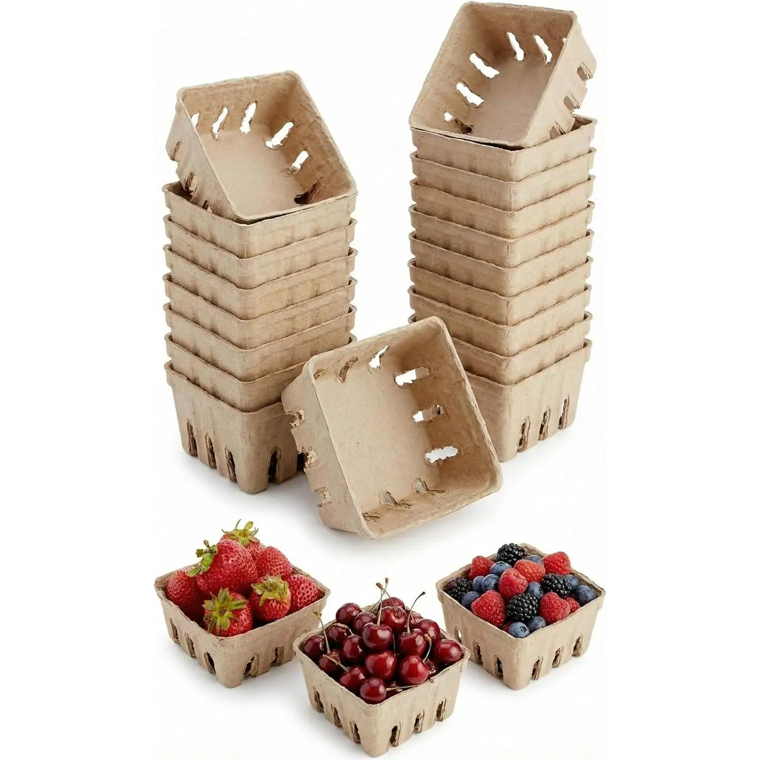 15 Pack Natural Pulp Fiber Berry Basket, Small Vented Produce Baskets for Farmers Market Display, Fruit and Vegetable Storage for Strawberry, Blueberry, Raspberry,Bakery Display