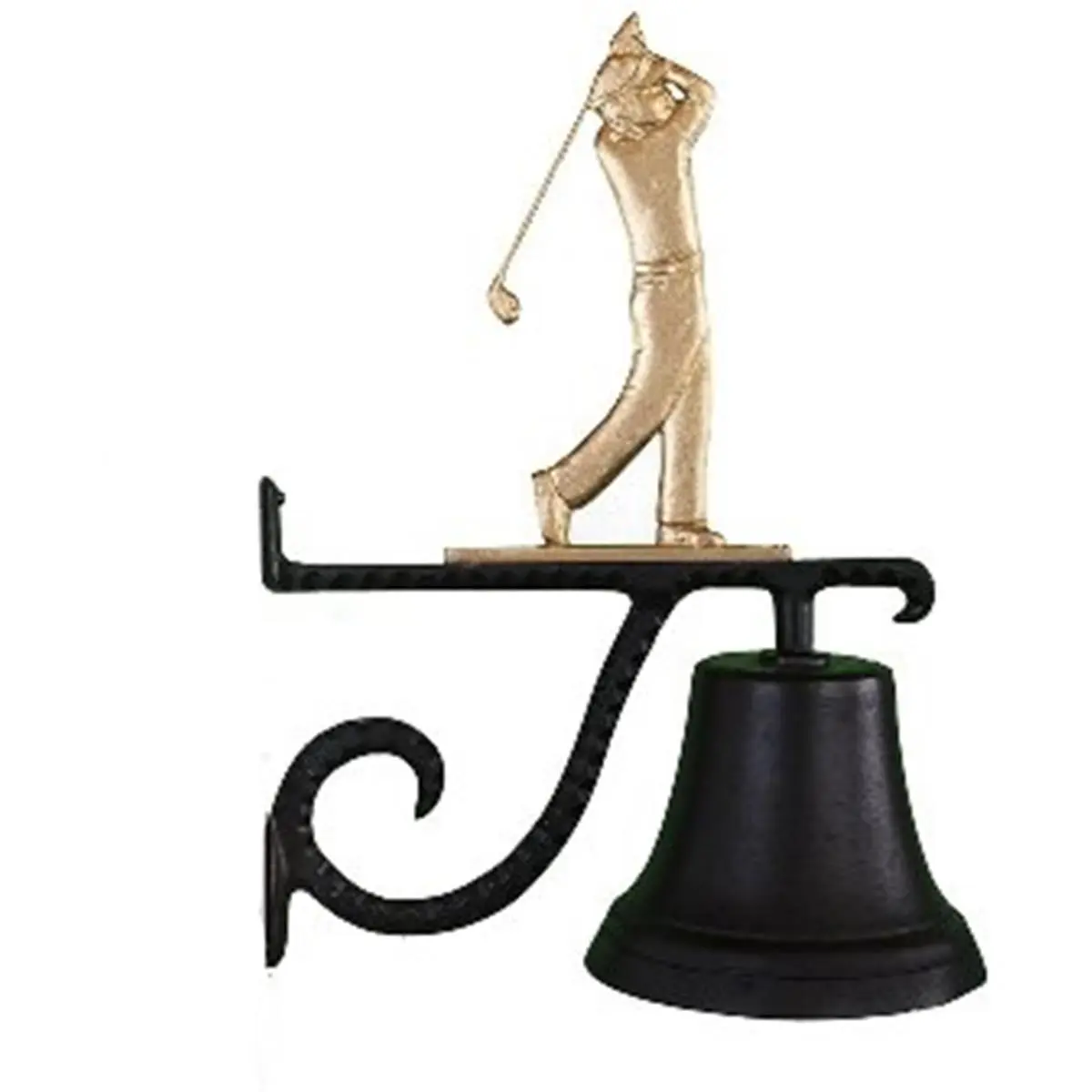 Satin Aluminum Cast Hanging Bell, 10 in. High 12.5 in. Long 7.75 in. Diameter Base, Gold Bronze Golfer-Themed Aluminium Home Decor for Garden Hanging Ornament