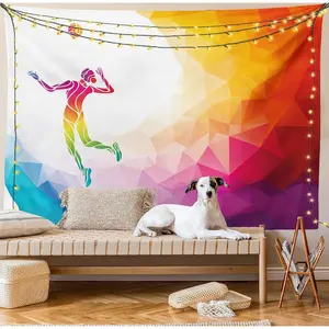 Volleyball Tapestry, Colorful Polygonal Background Triangles Jumping Woman Striking The Ball, Wide Wall Hanging for Bedroom Living Room Dorm, 60" X 40", Purple Blue