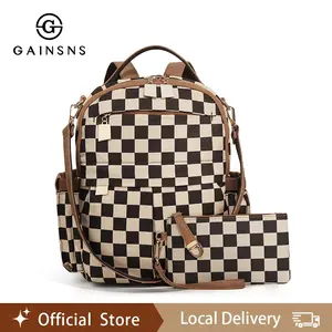 GAINSNS Checkered Plaid Backpack for Women 2026 Large Capacity Travel Essentials Set with Wallet, Casual Trendy Versatile High-quality Daily Commuting Bag for Daily Used, Checkered Shoulder Bag for Women