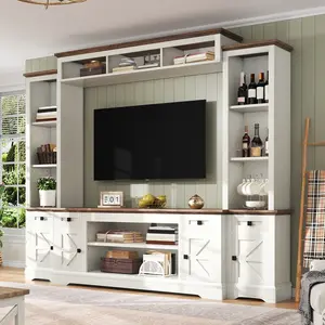 VanAcc 98in Farmhouse Wall Unit TV Stand with Bookshelves, Wine Cabinet, Fits 78" TVs, Large Entertainment Center with Power Outlets & Barn Door, Rustic Media Console for Living Room