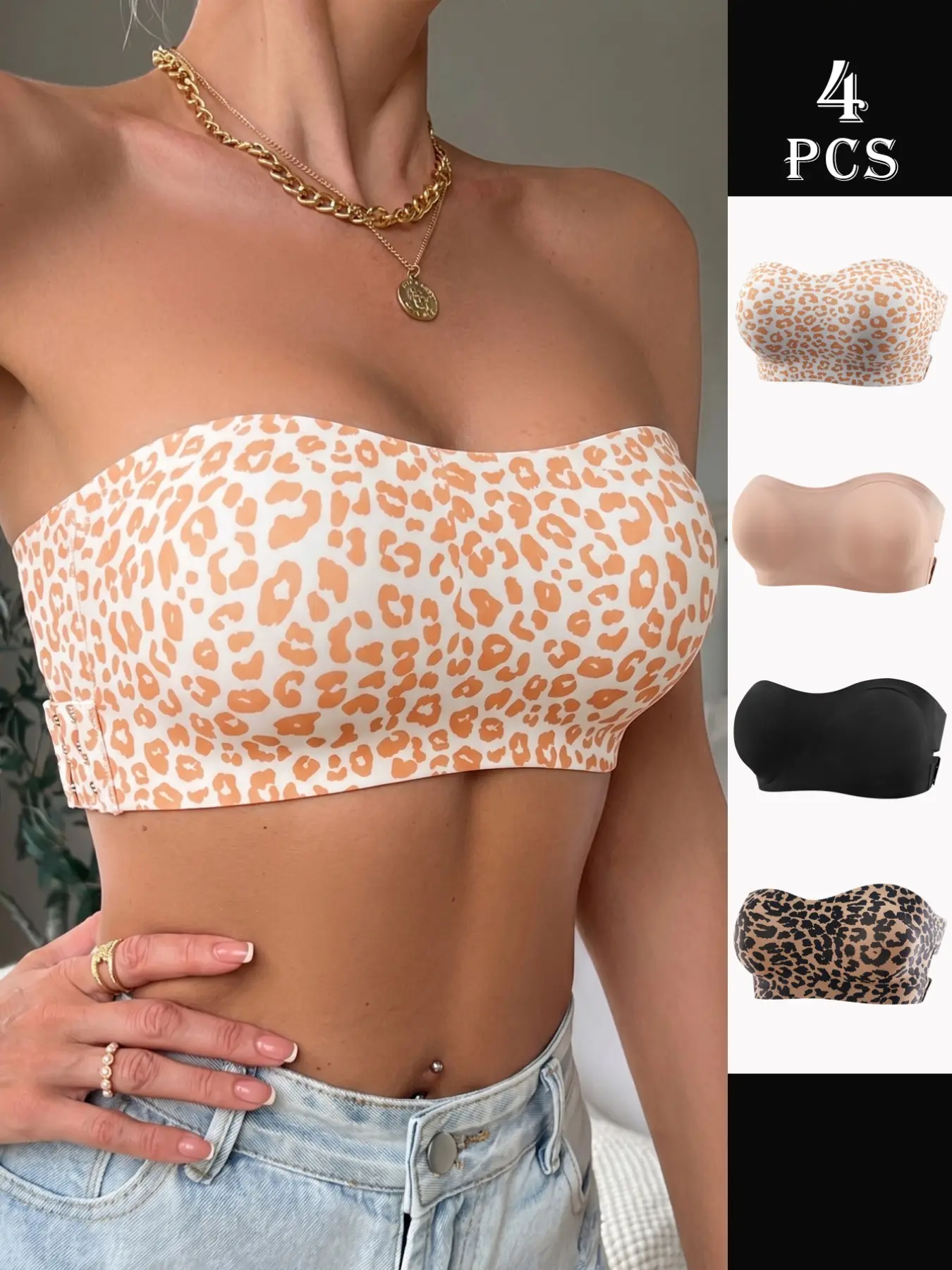 Women's Backless Bralette Set, Leopard & Solid Colors, Adjustable Straps, Crisscross Buckle Design, Comfortable Detachable Pads, Underwear, Detachable Padded Bra, Leopard Pattern Bra